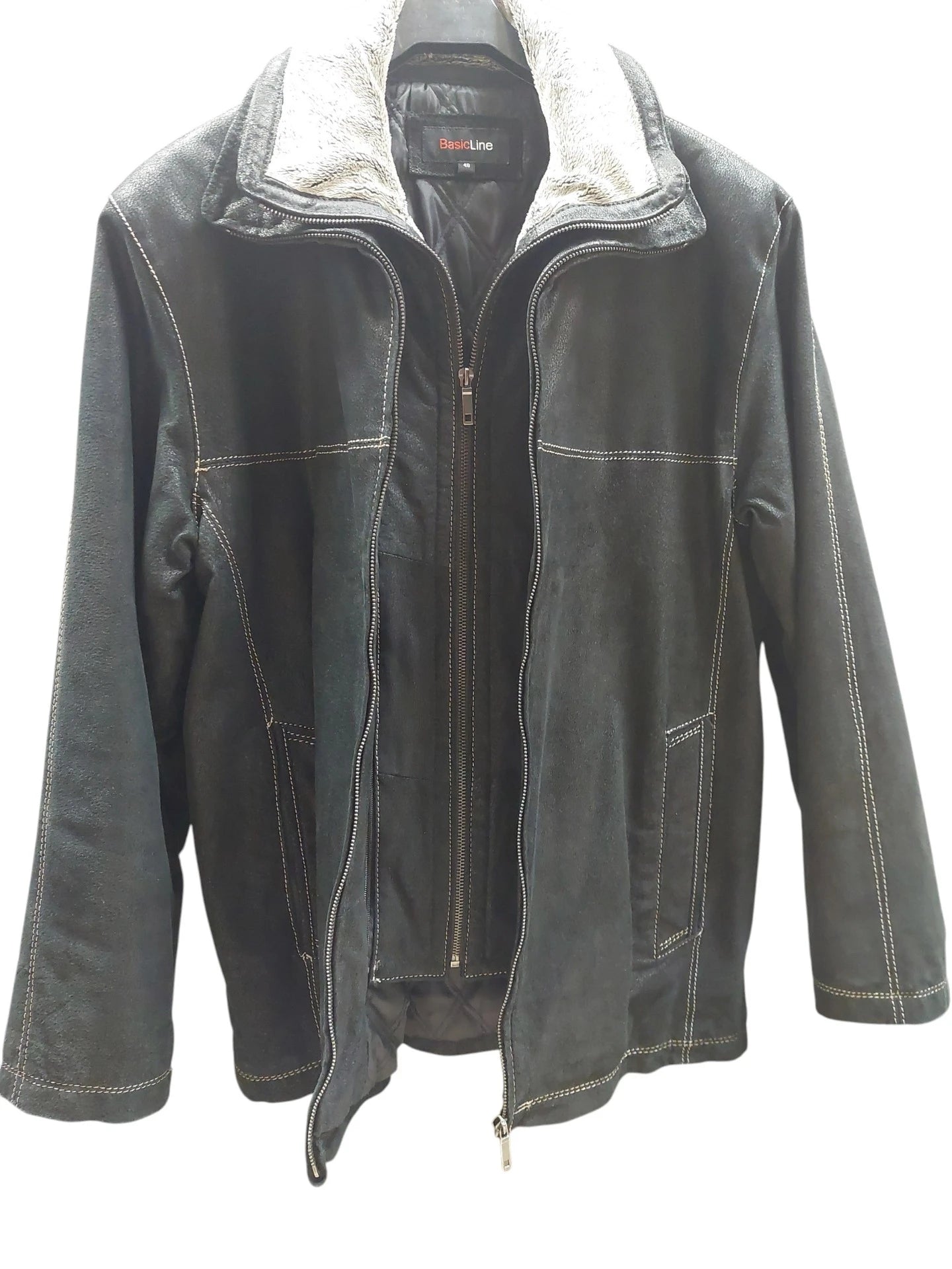 BasicLine Nahkatakki Karvakauluksella - Musta