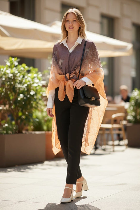 Ylellinen Silkkihuivi-Poncho Persikka-violetti Ombré